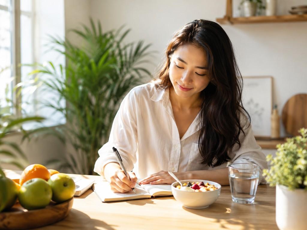Morning wellness routine — journaling and mindful eating