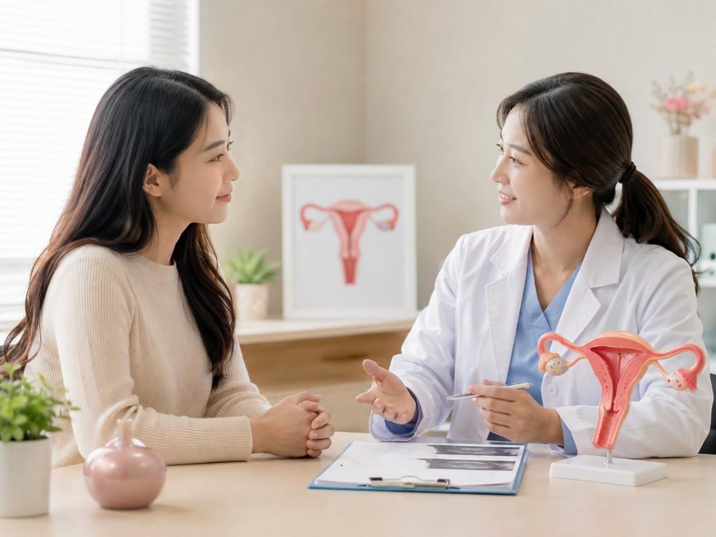 Doctor explaining women's reproductive health with a medical model