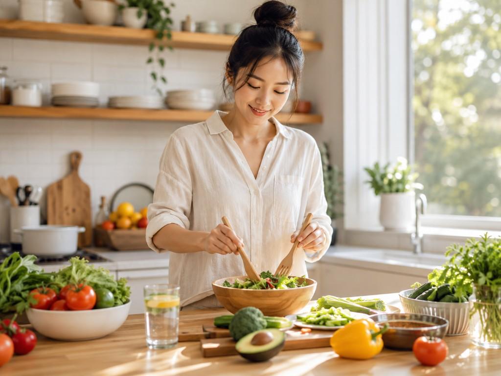 Fresh salad and nutrition in a bright kitchen
