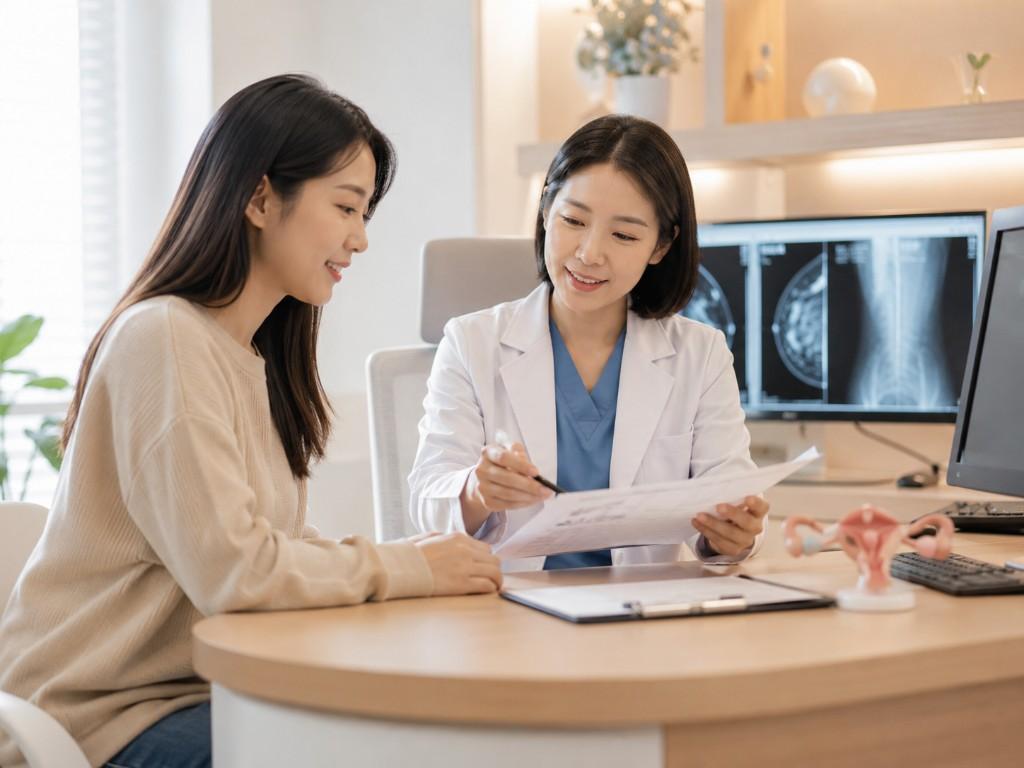 Doctor explaining women's reproductive health with a medical model