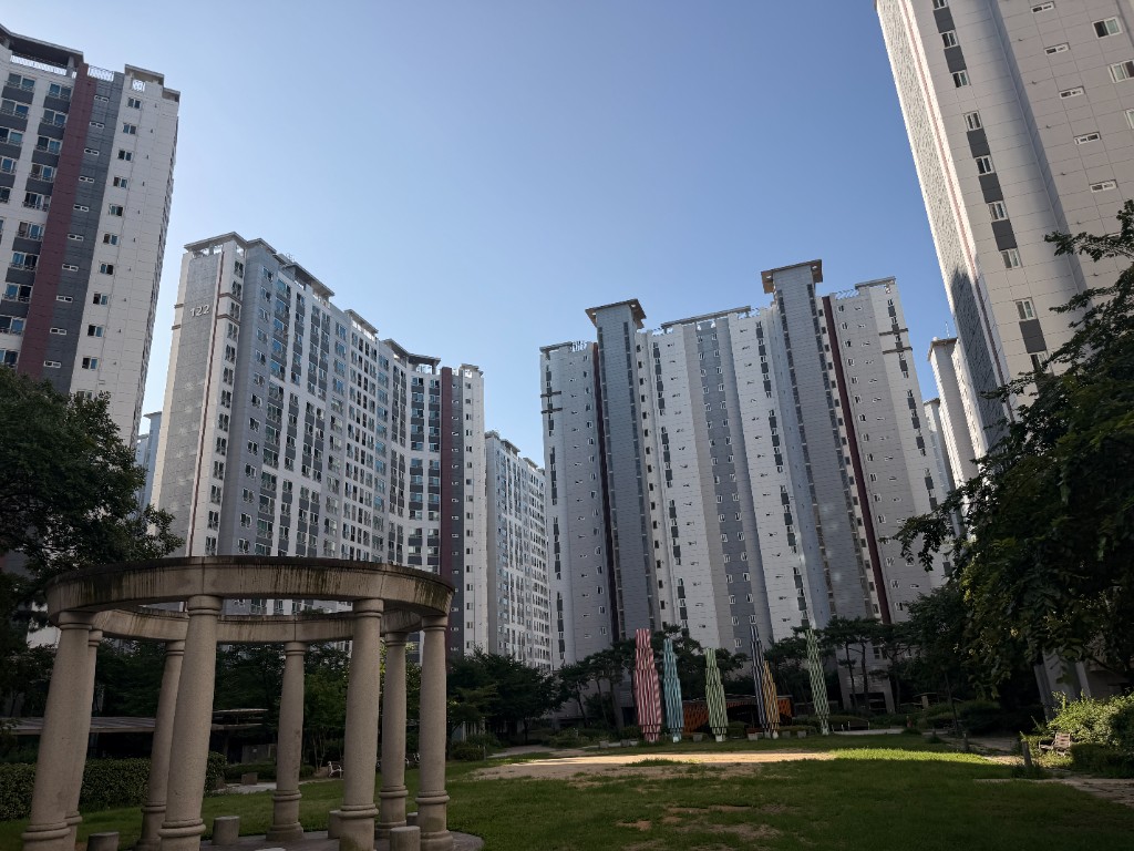 Panoramic view of the apartment complex courtyard and towers
