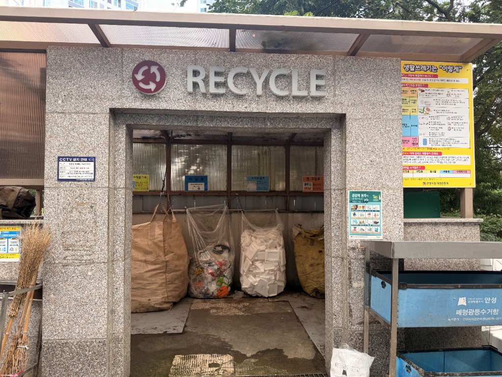 Apartment recycle station with labeled bags and sorting guide