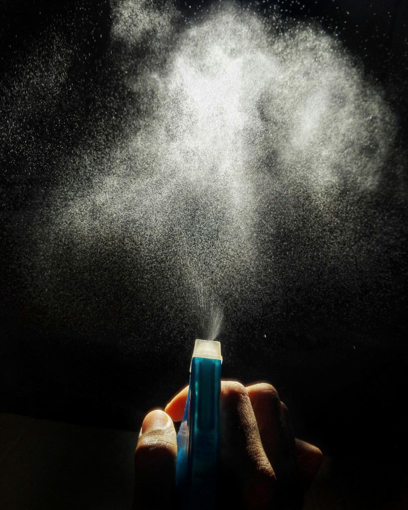 Spray mist in the air — aerosolized fragrance and cleaning products can linger in closed indoor spaces