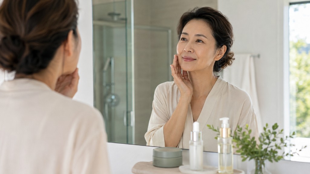 Woman looking in the bathroom mirror during a calm morning skincare routine — aging often first feels personal in quiet, everyday moments