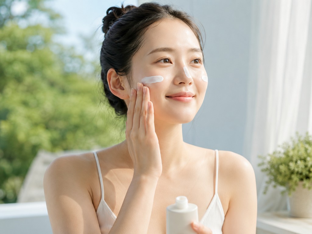 Applying sunscreen as part of a Korean morning skincare routine